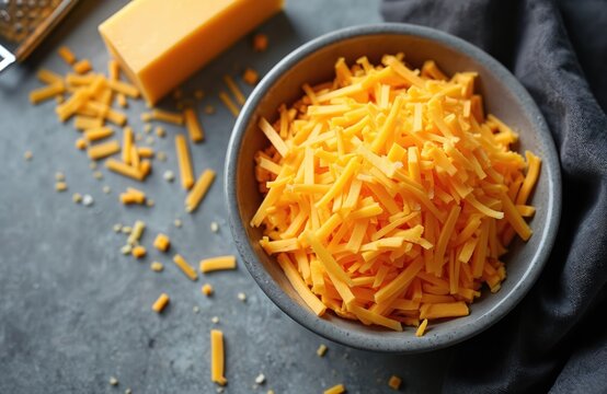 Bowl full of shredded yellow cheese with grater and block. Cheese strands ready for cooking. Delicious ingredient for meals, snacks, sauces, and toppings.