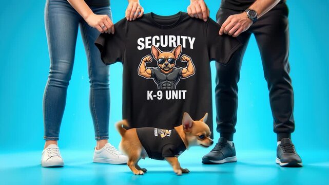Humorous scene of a couple holding up a Security K-9 Unit t-shirt with a muscular dog graphic next to a real cute Chihuahua puppy wearing a matching vest on a blue background.