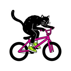 Naklejka premium Funny Illustration of a Black Cat Riding a Pink BMX Bicycle, Cool Feline Wearing Neon Green Sneakers Cycling, Urban Street Art Style Cartoon on White Background