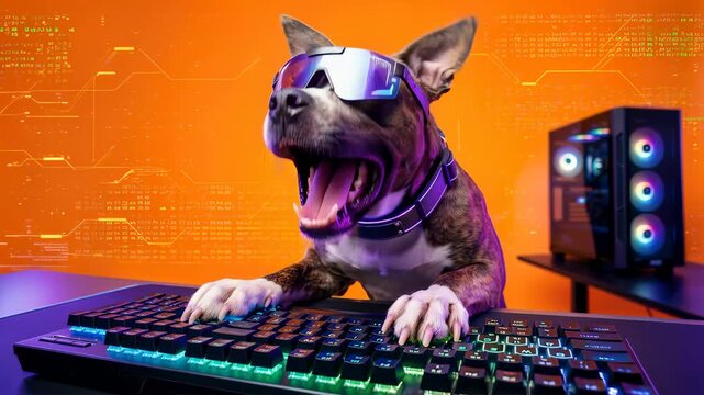 Humorous concept of a smart dog wearing futuristic blue glasses and typing on a glowing mechanical keyboard in a high-tech gaming room with a bright orange digital data background.