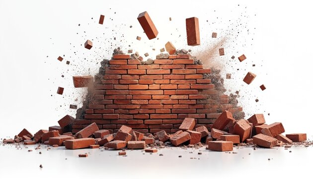 Red brick wall crumbles and shatters. Bricks fly through air and fall down. Dust and rubble explode outward. Isolated on white background for impact. Destruction concept.