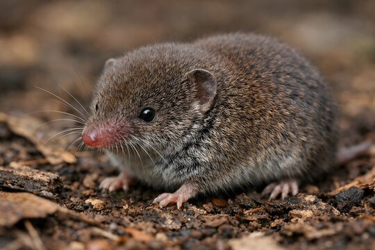 Close-up of least shrew (Cryptotis parva), one of the smallest mammals in the world, captured in a natural environment. Ideal for wildlife, biology, ecology and scientific research concepts.