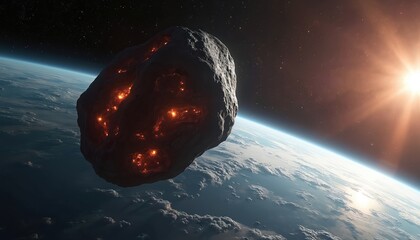 Fototapeta premium Fiery asteroid looms over Earths atmosphere. Celestial body on collision course with planet. Sun shines brightly in background space. Cosmic threat approaches world. Astronomy, science fiction theme.
