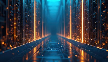 Fototapeta premium Futuristic digital corridor with blue and gold lights and glowing particles. Abstract technology background for data, network, cyber, science.