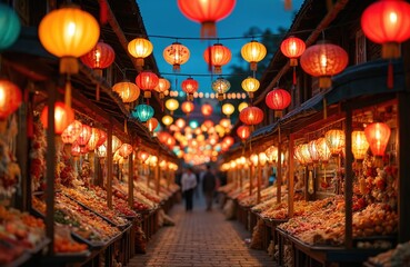 Obraz premium Outdoor night market alley with stalls selling goods. Rows of traditional Asian lanterns light up pathway between shops. People walk through noisy marketplace at dusk, browsing wares.
