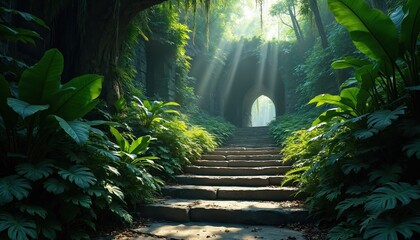 Fototapeta premium Stone stpic lead up verdant overgrown jungle path toward sunlit archway. Rich green plants and hanging vines create mysterious secretive entrance. Sunbeams pierce dense foliage casting dramatic light.