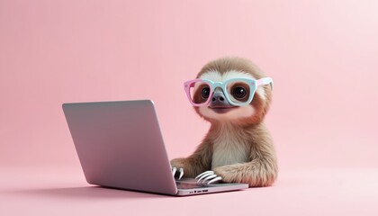 Fototapeta premium Cute sloth with glasses types on laptop. Funny animal works with tech on pink background. Remote work, business, humor concept. Online learning or work.