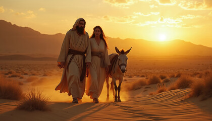 Man and woman in flowing robes walk with donkey across desert sand dunes at sunset. Biblical couple travels by animal toward mountains under warm golden sky. Journeying through arid landscape at dusk.