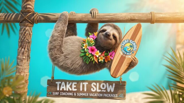 Animated cute sloth with flower lei and surfboard hanging from a branch on a sunny tropical beach for Costa Rica surf school and summer vacation advertisement banner.