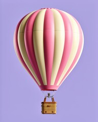 Fototapeta premium A vibrant hot air balloon with pink and cream vertical stripes floating against a purple background
