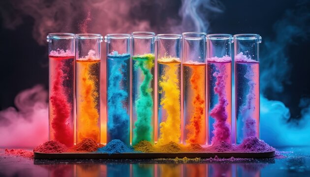 Glass test tubes hold colorful liquids and powders. Swirling colors create diffusion and solubility effects. Science experiments in laboratory setting with vibrant chemical reactions.