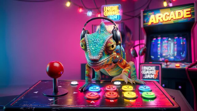 Vibrant chameleon gamer with a headset reacts excitedly while playing a retro arcade game on a glowing joystick controller in a neon-lit room with classic arcade machines.