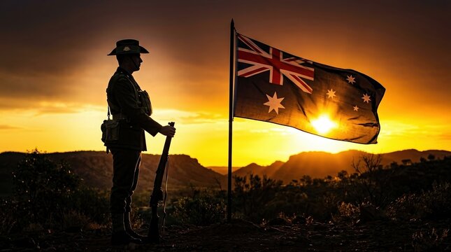 Anzac Day, Australia, Soldier, Australian flag, Silhouette, Sunset, Remembrance theme with a lone digger in a slouch hat standing at dusk in the outback to honor fallen heroes.