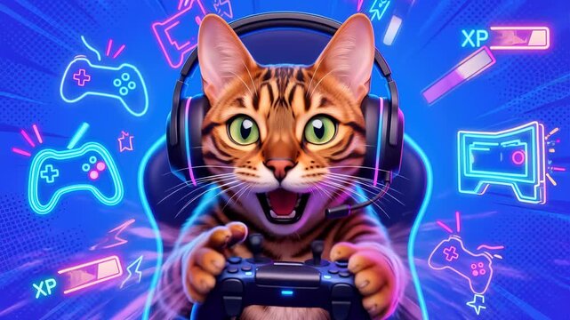 Concentrated tabby cat gamer wearing a headset and holding a gamepad, immersed in a futuristic neon blue environment with glowing XP bars, scoring points in a digital game world.