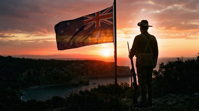 Anzac Day, Australian Flag, Soldier, Sunset, Dawn Service, Remembrance, Gallipoli, silhouette of a veteran soldier at dawn honoring military sacrifice with a Lest We Forget theme.