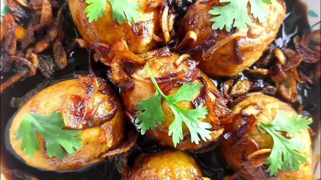 Fried hard boiled eggs in tamarind sauce or Kai Lug Kuey , Thai famous food.