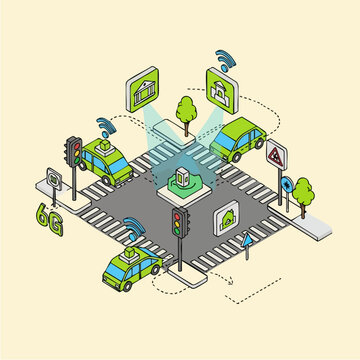 Autonomous cars on road intersection.