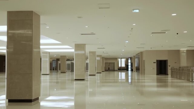 Wide, empty lobby with pillars, reflective floor, and recessed lighting