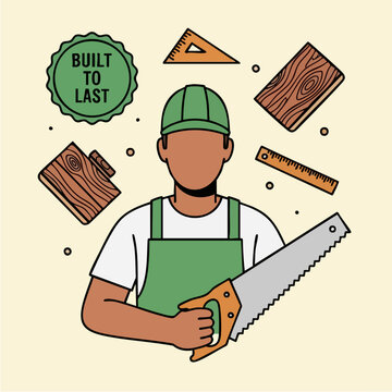 Carpenter Holding Saw Surrounded by Tools and Wood.