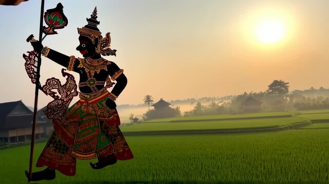 A shadow puppet, costumed, poses against a misty sunrise over rice paddies and distant buildings