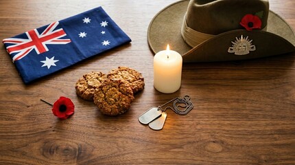 Naklejka premium Anzac Day, Remembrance Day, Australian Flag, Slouch Hat, Anzac Biscuits, Poppy Flower, Dog Tags on a wooden surface with a lit candle, honoring veterans with a respectful memorial.