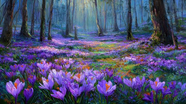 Purple crocuses, bright and early, bloom in the forest.