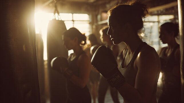 Women train boxing moves in a lively gym, wearing gloves and hitting bags.