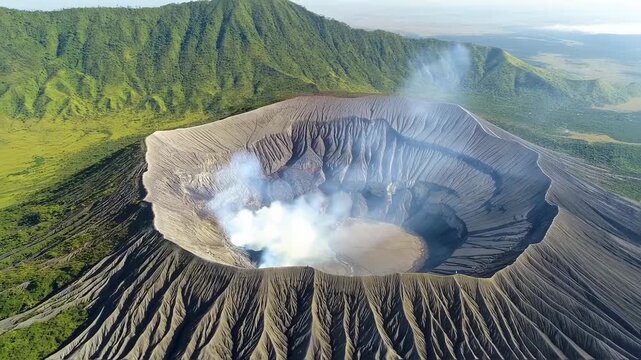 An aerial view of a volcanic caldera emitting steam, surrounded by green mountains and fields