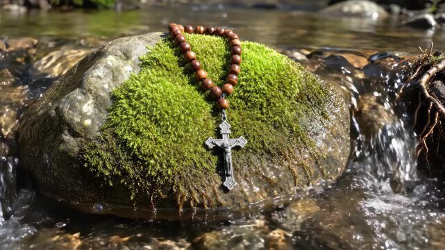Rosary Beads on Mossy Rock in Flowing Water.