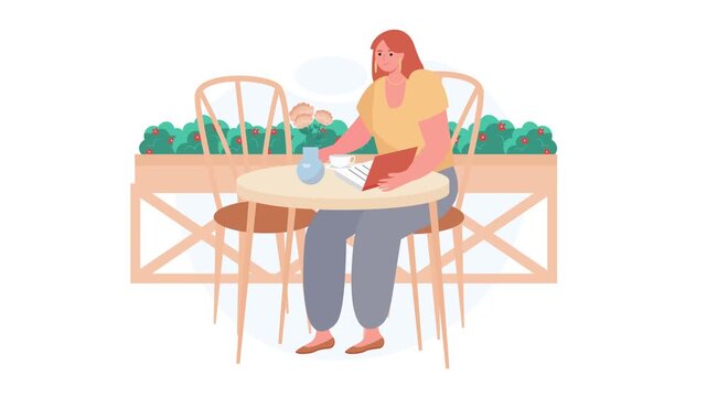 Woman sitting at outdoor cafe table reading book and sipping tea in a sunny garden