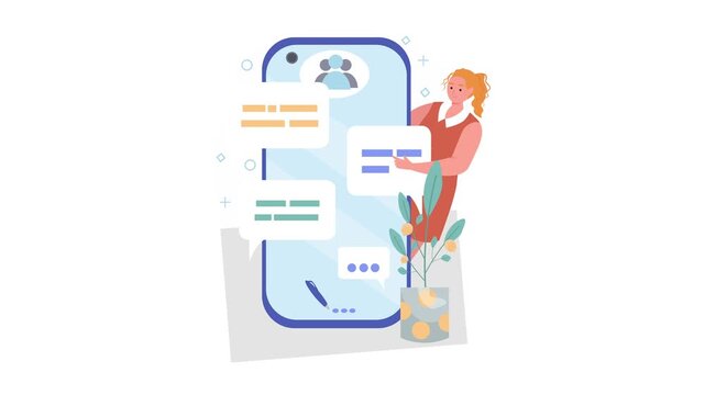 Customer support agent using video chat and online messaging interface, flat vector illustration