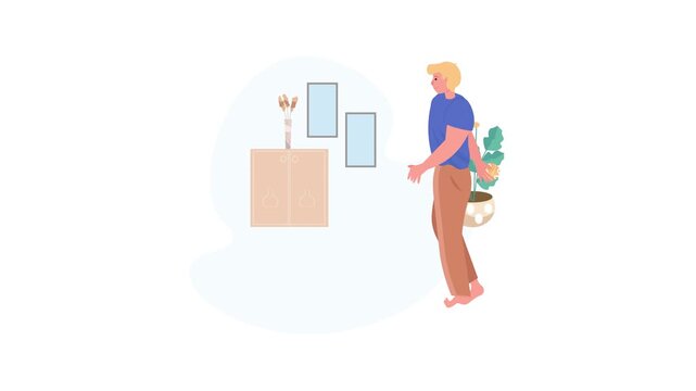 Young woman playing with a dog and cat at home interior, flat vector illustration