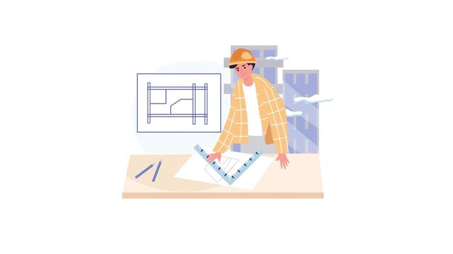 Construction worker in orange helmet reviewing architectural blueprint near building illustration