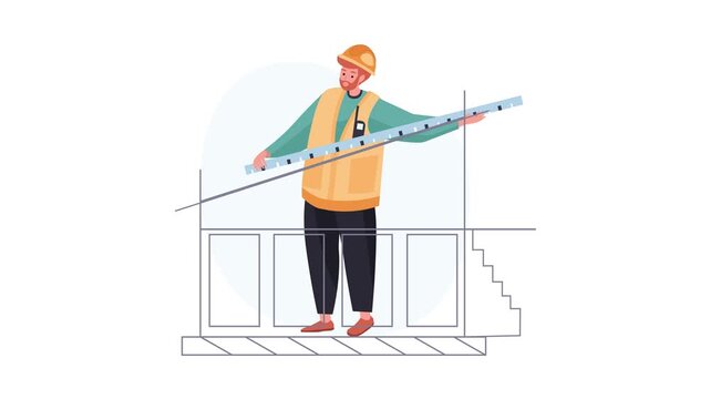 Construction worker using leveling tool on building site for accurate alignment measurement