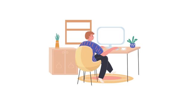 Woman working at home office desk with computer, coffee cup and plants, flat vector style