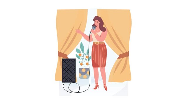 Illustrated woman singing with microphone and warm curtain backdrop in cozy home studio