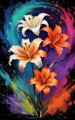 Obraz premium Vibrant lilies bloom against a swirling colorful cosmic background