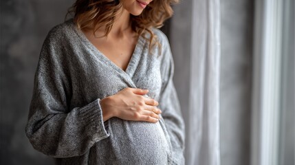 Mom-to-be gently holds her belly at home. Her comfy clothes show she's ready for new life and taking good care of her baby.
