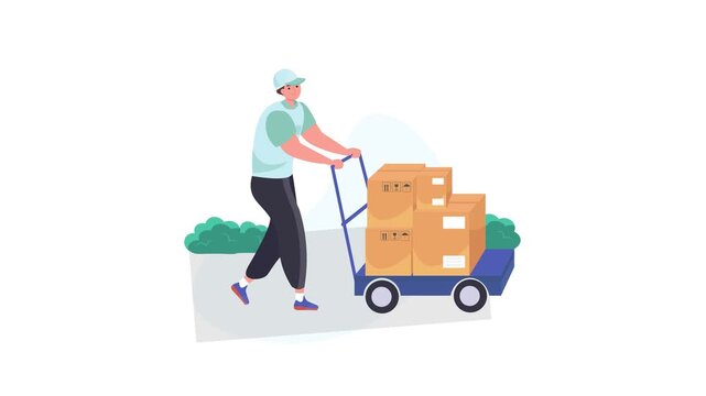 Delivery worker carrying boxes on hand truck, logistics shipping service concept illustration