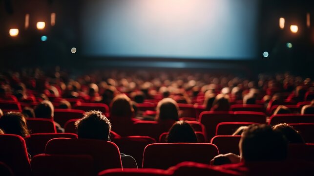 Audience sits in red seats, watching a movie on a blank screen inside a dim cinema hall, their forms blurred shadows.