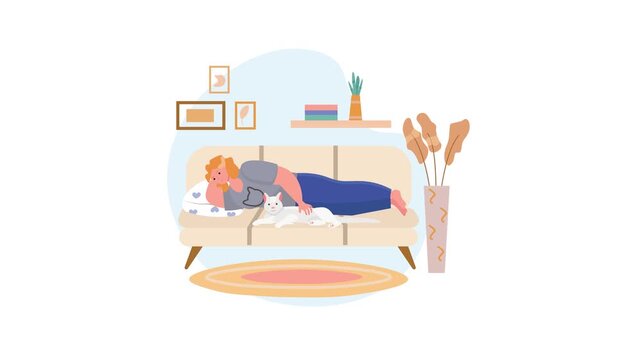 Cozy home living room scene with woman relaxing on sofa and cat lying nearby, vector illustration