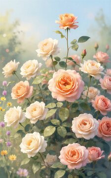 Soft peach roses bloom in a sunlit garden surrounded by wildflowers