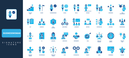 Obraz premium Glyph icons set of business businesswoman leader signature icons set showing leadership, management, teamwork success, finance, office career concepts in isolated solid symbols vector illustration