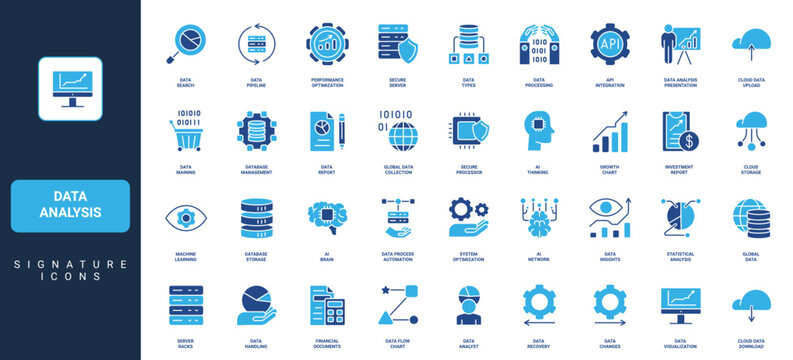 Data analysis, research process automation with AI, secure cloud services glyph icon set. Infographic statistic diagram chart growth, presentation solid symbols vector illustration