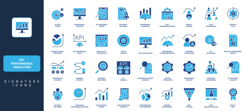 Key Performance Indicators, business development and quality metrics evaluation glyph icon set. Data analytics to plan and improve efficiency solid symbols vector illustration