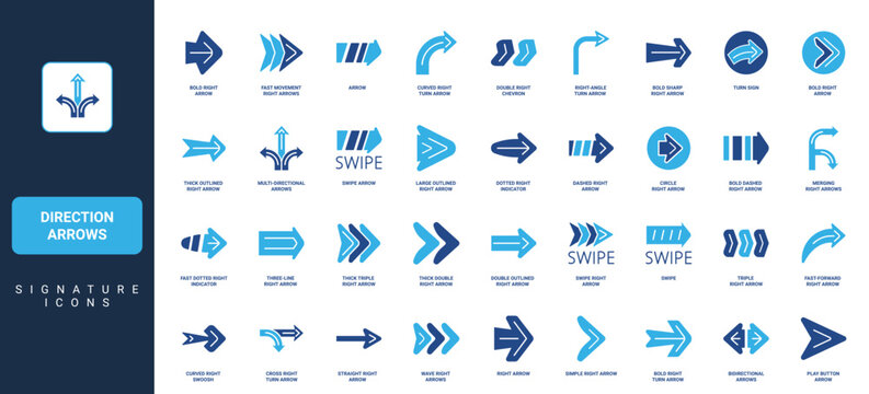 Direction arrows, direction pointer to right and forward, straight and curved glyph icon set. Cursor of arrow shape to click, modern traffic turn signs solid symbols vector illustration