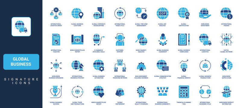 Global business, international cooperation and enterprise strategy, network glyph icon set. Economy of world, embargo and tax, customer support solid symbols vector illustration