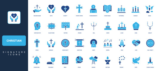 Naklejka premium Christian religion, prayer and love, faith in resurrection of Jesus Christ, church and holy Bible glyph icon set. Dove and candles, worship solid symbols vector illustration