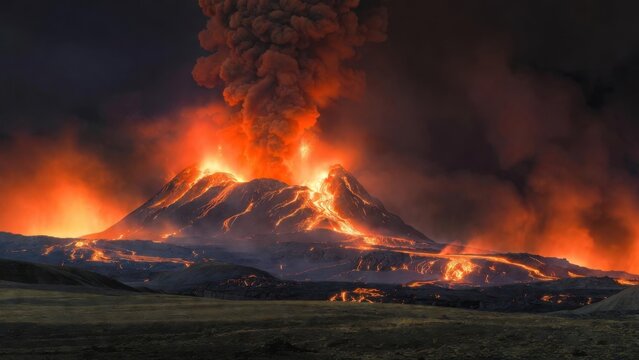 Volcanic eruption with lava flows across barren plain