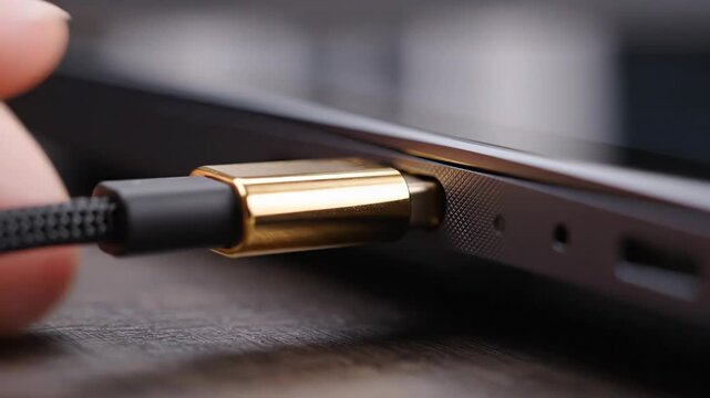 Person Plugging Gold Cable into Laptop Port Close Up Motion